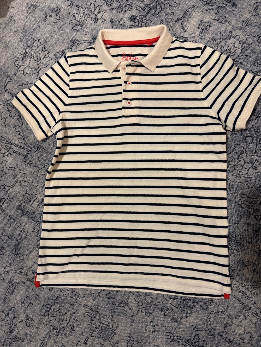 BODEN Kids Striped Polo Shirt - Cream & Navy- 11-12y